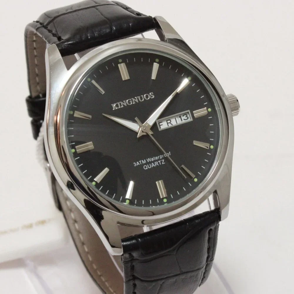 Men's Contemporary Dress Watch Silver Case Black Leather Watch Strap 40mm